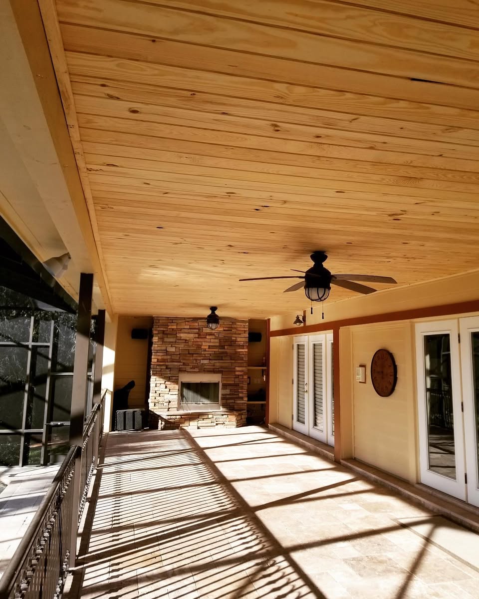 Covered patio with wood ceiling